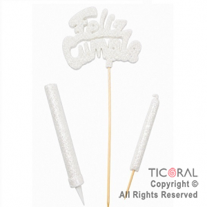 ADORNO DE TORTA SET FELIZ CUMPLE CON BENGALA Y VELA 9 CM GIBRE BLANCO x 1